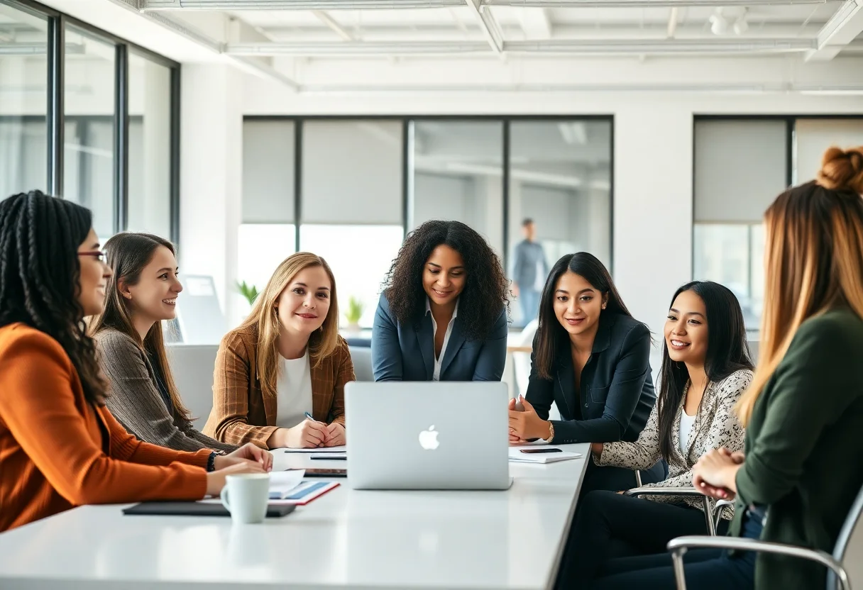 A group of diverse women collaborating around a table in a bright, modern office.