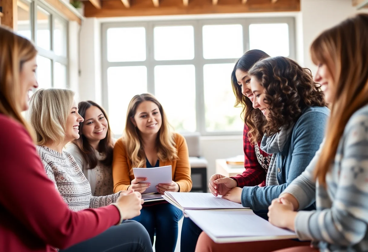 A group of women collaborating and learning together in a bright, supportive environment.