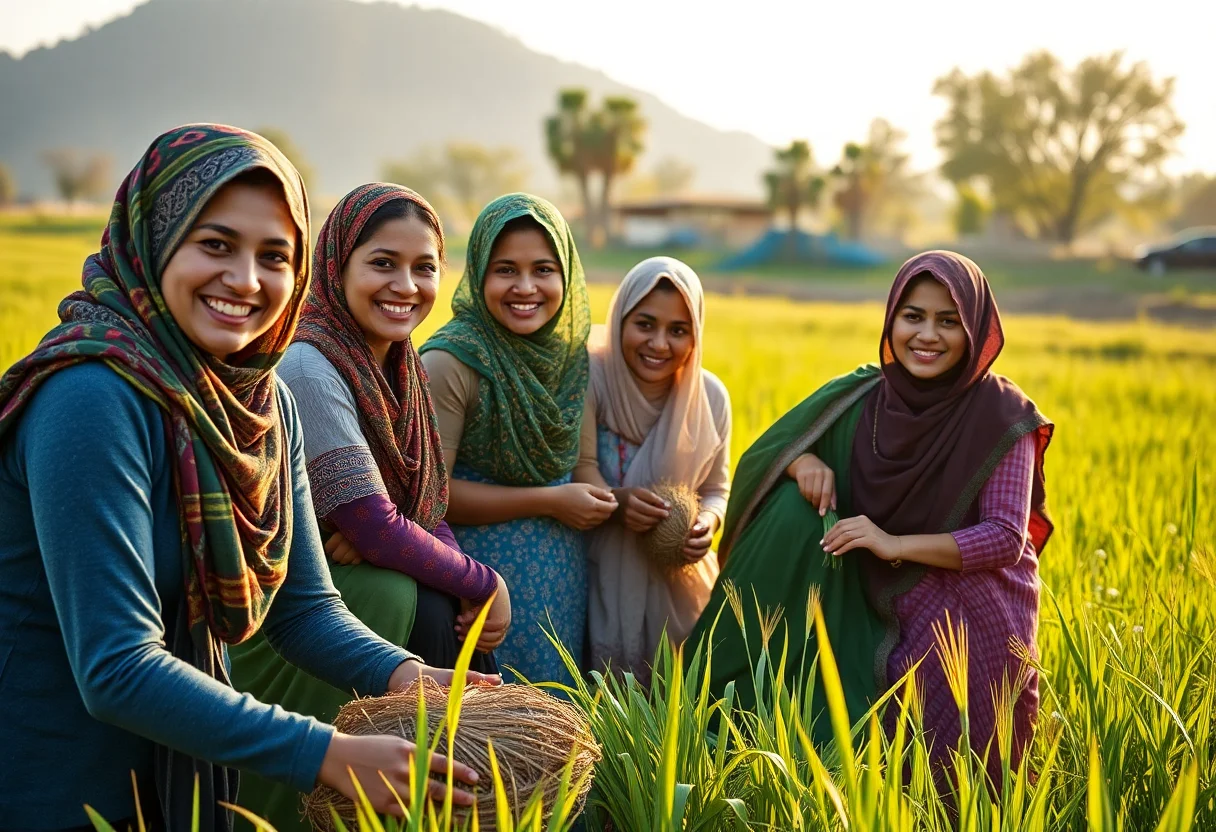A group of women in a rural setting working together and smiling in a sunlit field.