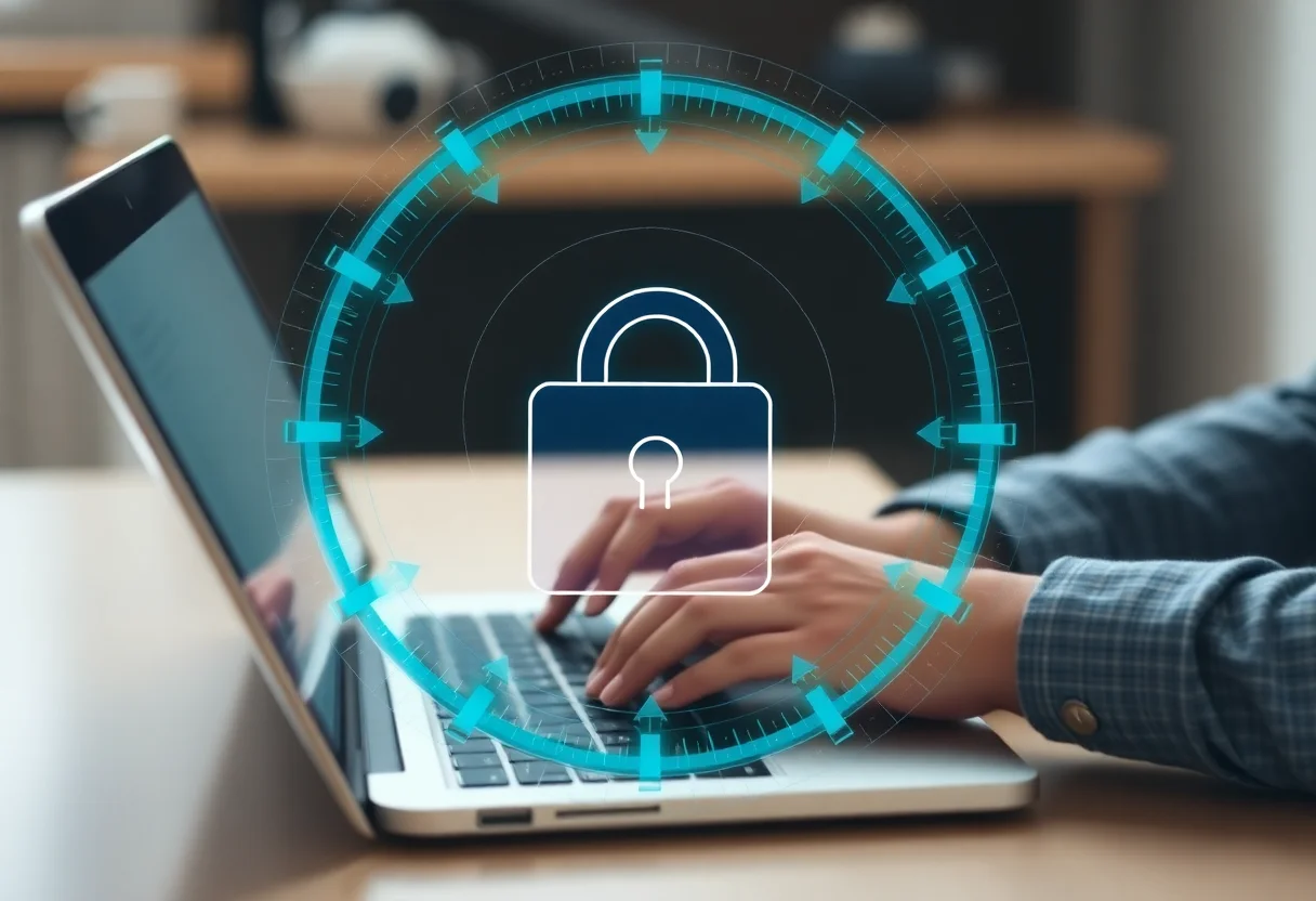 A person working on a laptop with a secure lock icon overlay, symbolizing data protection and privacy.
