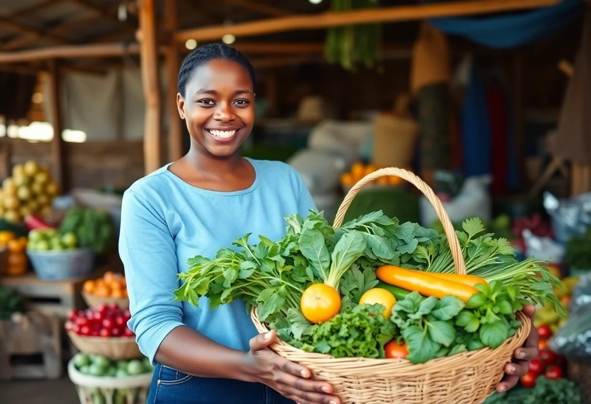 A smiling woman in a rural setting holding a basket of fresh vegetables at a local market.