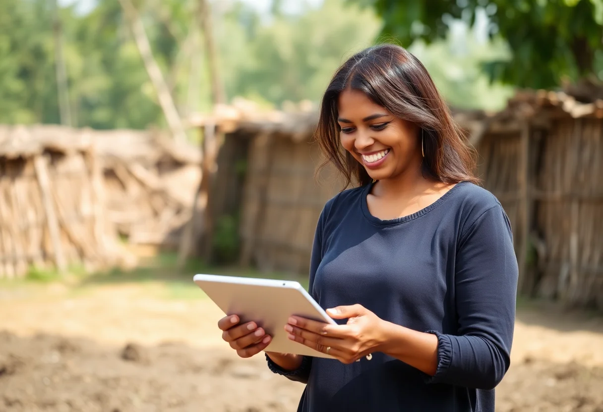 A woman in a rural setting smiling while looking at a tablet.
