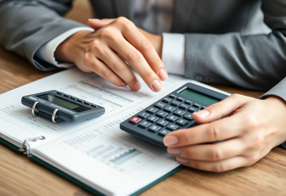 Person calculating finances with a calculator and notebook.