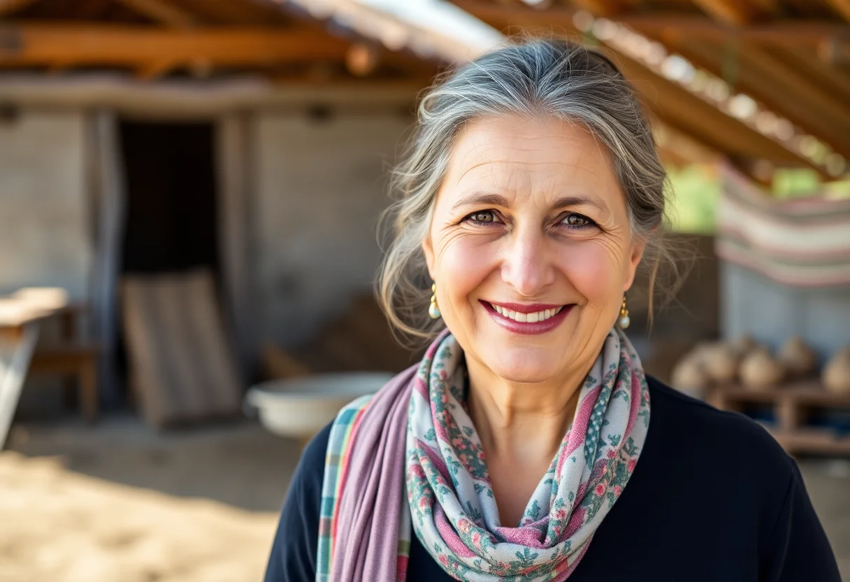 Portrait of a smiling middle-aged Turkish woman in a rural setting.