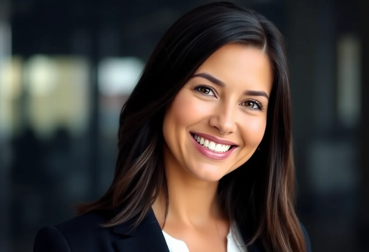 Professional headshot of a smiling woman with dark hair.