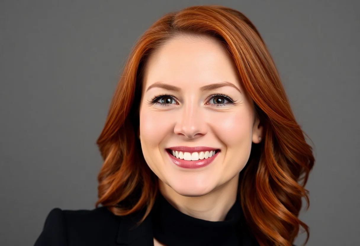 Professional headshot of a smiling woman with red hair.