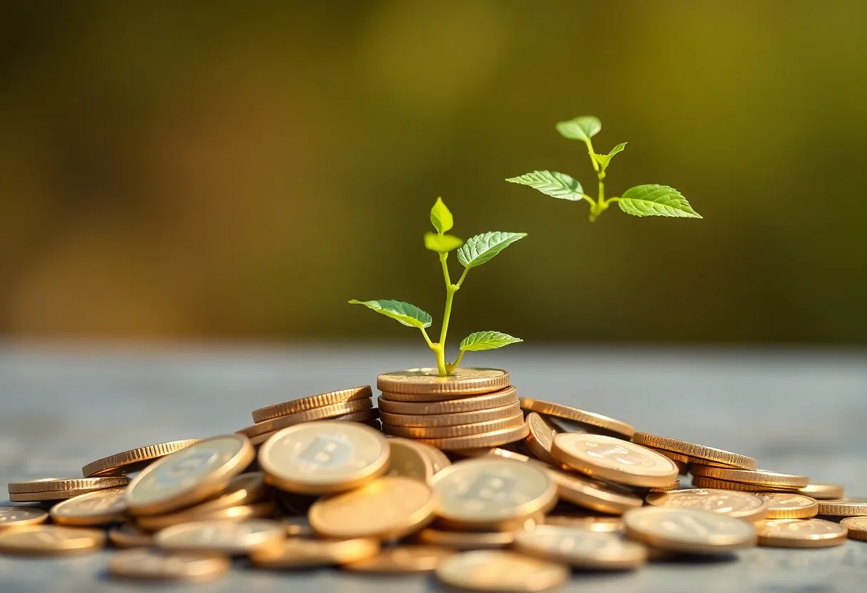 Small plant growing out of a pile of coins, symbolizing investment growth.